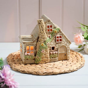 Stoneware Double Cottage With Full Chimney And Embossed Details Candle Holder - Beattys of Loughrea | www.beattys.ie