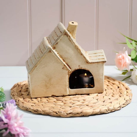 Stoneware Double Cottage With Full Chimney And Embossed Details Candle Holder - POT POURRI/AROMATHERAPY/OILS/DIFFUSER - Beattys of Loughrea