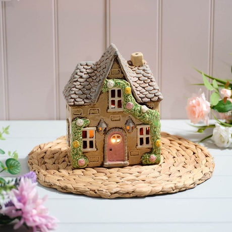 Stoneware House With Roses And Door Lanterns All Embossed Details Wax Melt Burner - ORNAMENTS - Beattys of Loughrea