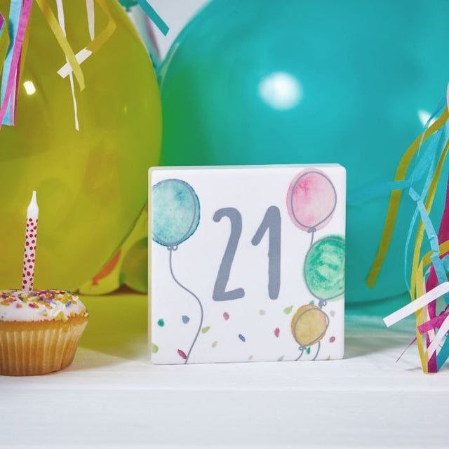 21st Birthday Block White Ceramic With Balloons & Confetti - ORNAMENTS - Beattys of Loughrea