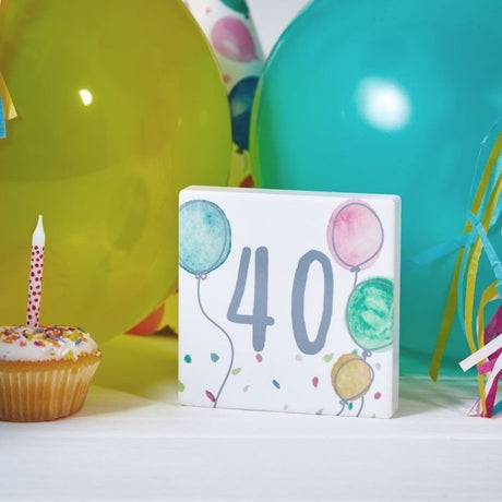 40th Birthday Block White Ceramic With Balloons & Confetti - ORNAMENTS - Beattys of Loughrea
