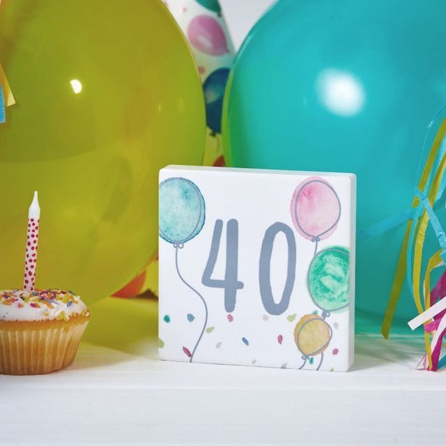 40th Birthday Block White Ceramic With Balloons & Confetti - ORNAMENTS - Beattys of Loughrea