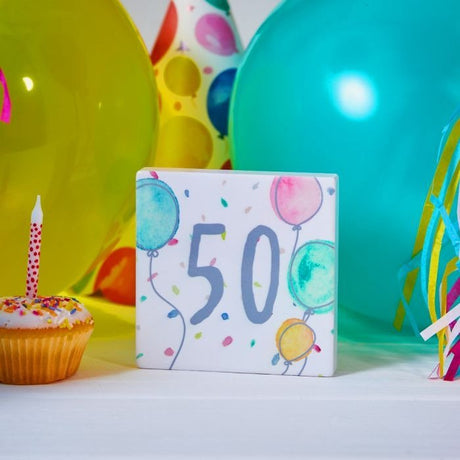 50th Birthday Block White Ceramic With Balloons & Confetti - ORNAMENTS - Beattys of Loughrea