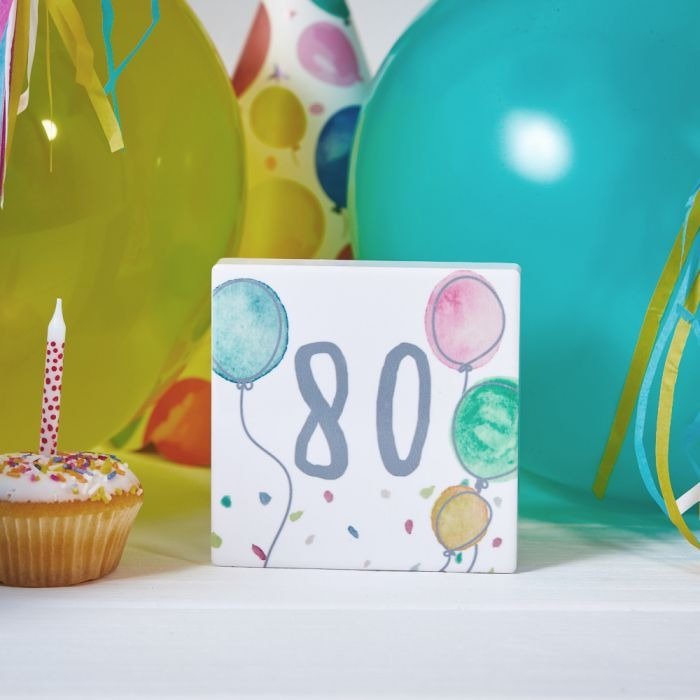 80th Birthday Block White Ceramic With Balloons & Confetti - ORNAMENTS - Beattys of Loughrea