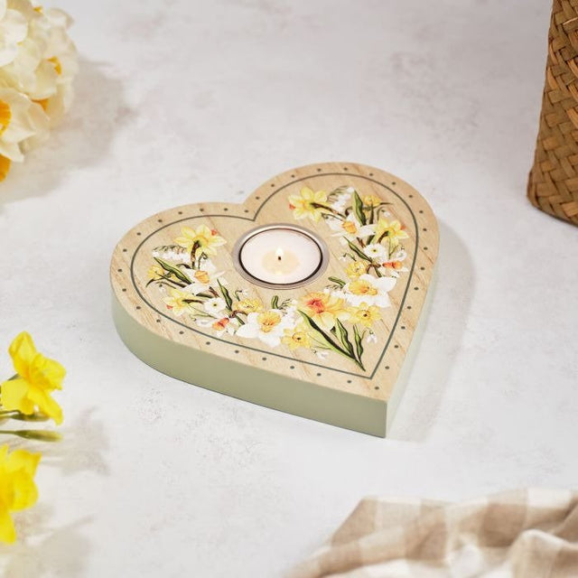 Floral Serenade Daffodil Heart Shaped MDF Wood Tealight Holder - CANDLE HOLDERS / Lanterns - Beattys of Loughrea