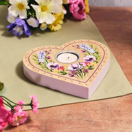 Floral Serenade Mixed Flowers Heart Shaped MDF Wood Tealight Holder - WALL PLAQUE/STATUES - Beattys of Loughrea