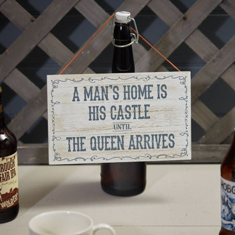 Mans Home Castle Plaque Whitewashed Wood with Scroll Border - WALL PLAQUE/STATUES - Beattys of Loughrea