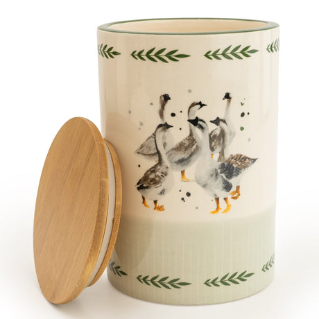 Ceramic Storage Jar With Wooden Lid Geese 17cm - GENERAL LOOSE WARE - Beattys of Loughrea