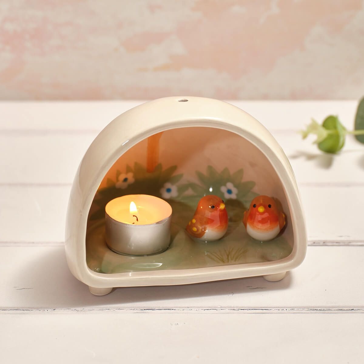 Tiny World Robin Decorative Dome Scene Ceramic Tealight Holder With Legs