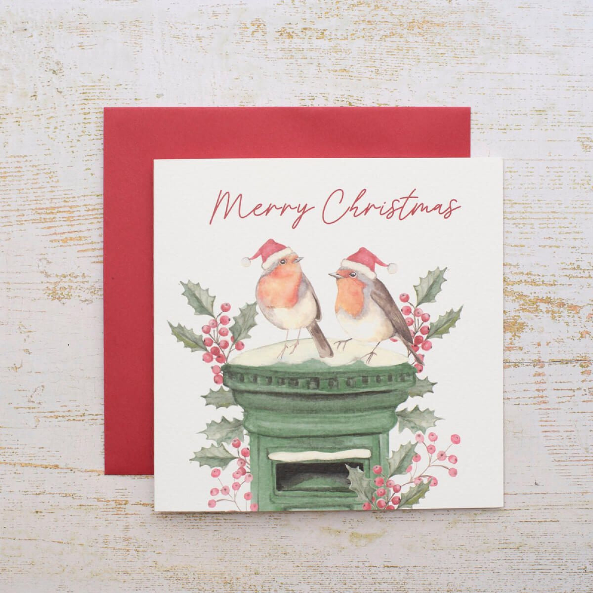R13 XMAS ROBINS ON GREEN POSTBOX MERRY CHRISTMAS CARD 4XA356