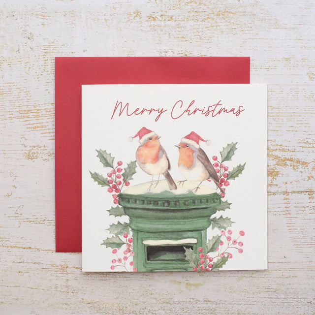 R13 XMAS ROBINS ON GREEN POSTBOX MERRY CHRISTMAS CARD 4XA356
