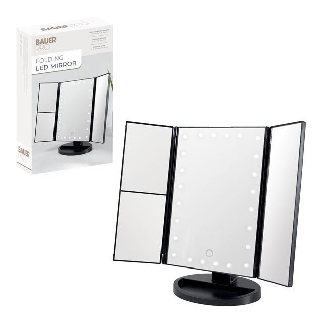 Bauer LED Foldable Mirror - Black - LIGHT UP MIRROR - Beattys of Loughrea