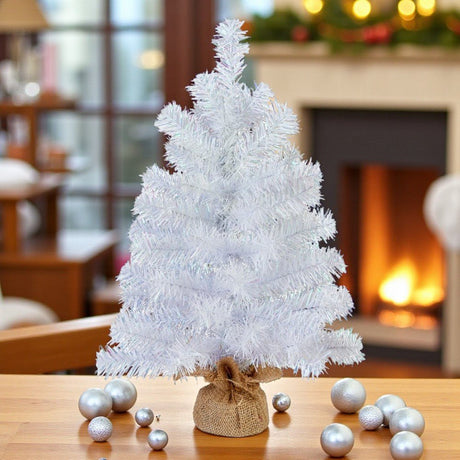 Mini White Christmas Tree with Burlap Base – 55cm - XMAS ROOM DECORATION LARGE AND LIGHT UP - Beattys of Loughrea