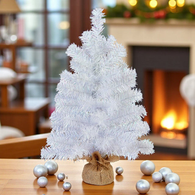Mini White Christmas Tree with Burlap Base – 55cm - XMAS ROOM DECORATION LARGE AND LIGHT UP - Beattys of Loughrea