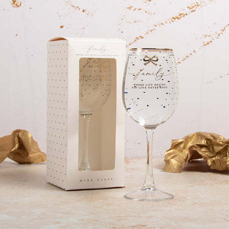 Family Life Wine Glass – Gold Script & Bow Detail - DRINKING GLASSES - Beattys of Loughrea