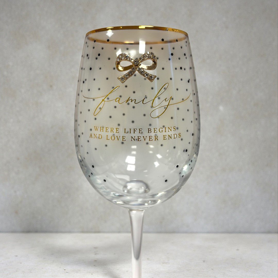 Family Life Wine Glass – Gold Script & Bow Detail - DRINKING GLASSES - Beattys of Loughrea