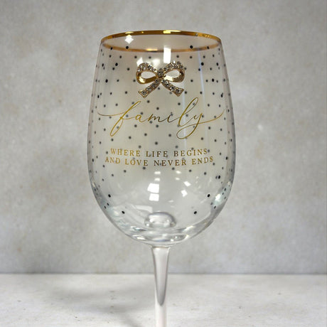 Family Life Wine Glass – Gold Script & Bow Detail - DRINKING GLASSES - Beattys of Loughrea