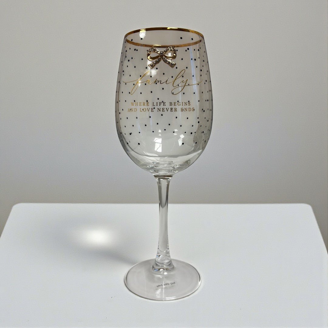 Family Life Wine Glass – Gold Script & Bow Detail - DRINKING GLASSES - Beattys of Loughrea