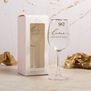 Home Wine Glass – Gold Script & Bow Detail - DRINKING GLASSES - Beattys of Loughrea