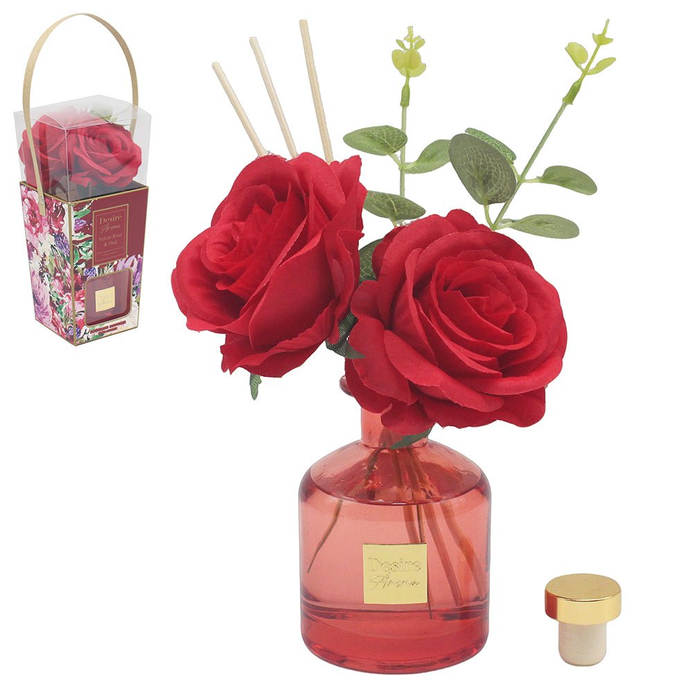 Desire Aroma Velvet Rose & Oud Reed Diffuser with Flowers – 200ml - POT POURRI/AROMATHERAPY/OILS/DIFFUSER - Beattys of Loughrea