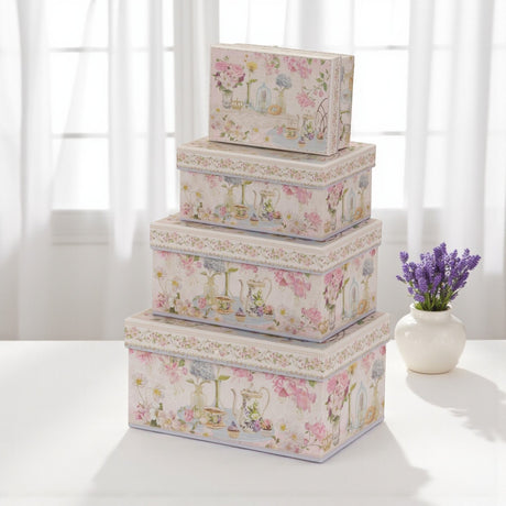 Pink Floral Tea Time Cardboard Storage Boxes – Set of 4 - LINEN CHESTS/BASKETS - Beattys of Loughrea
