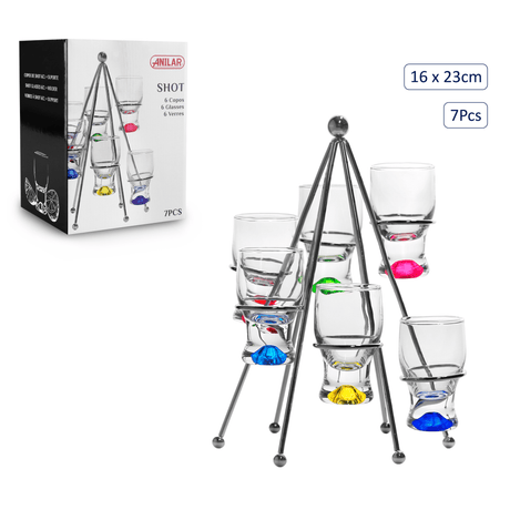 Anilar Multi - Coloured 6 Shot Glasses on Cone Shaped Stand - DRINKING GLASSES - Beattys of Loughrea