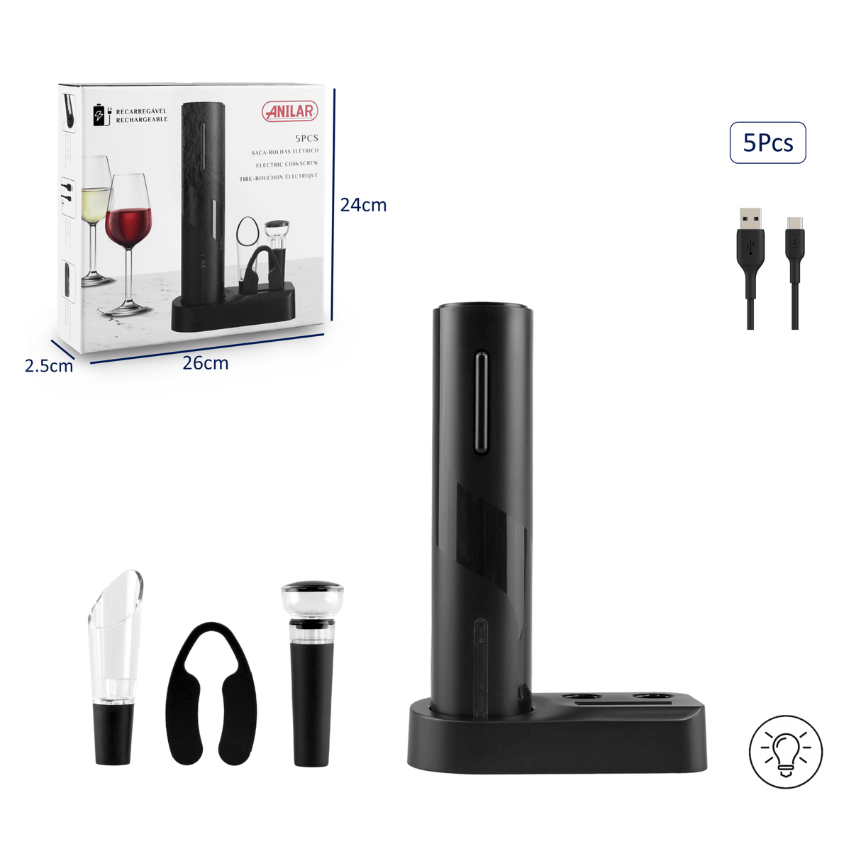 Anilar Rechargeable Cork Screw Set – 5 Pieces