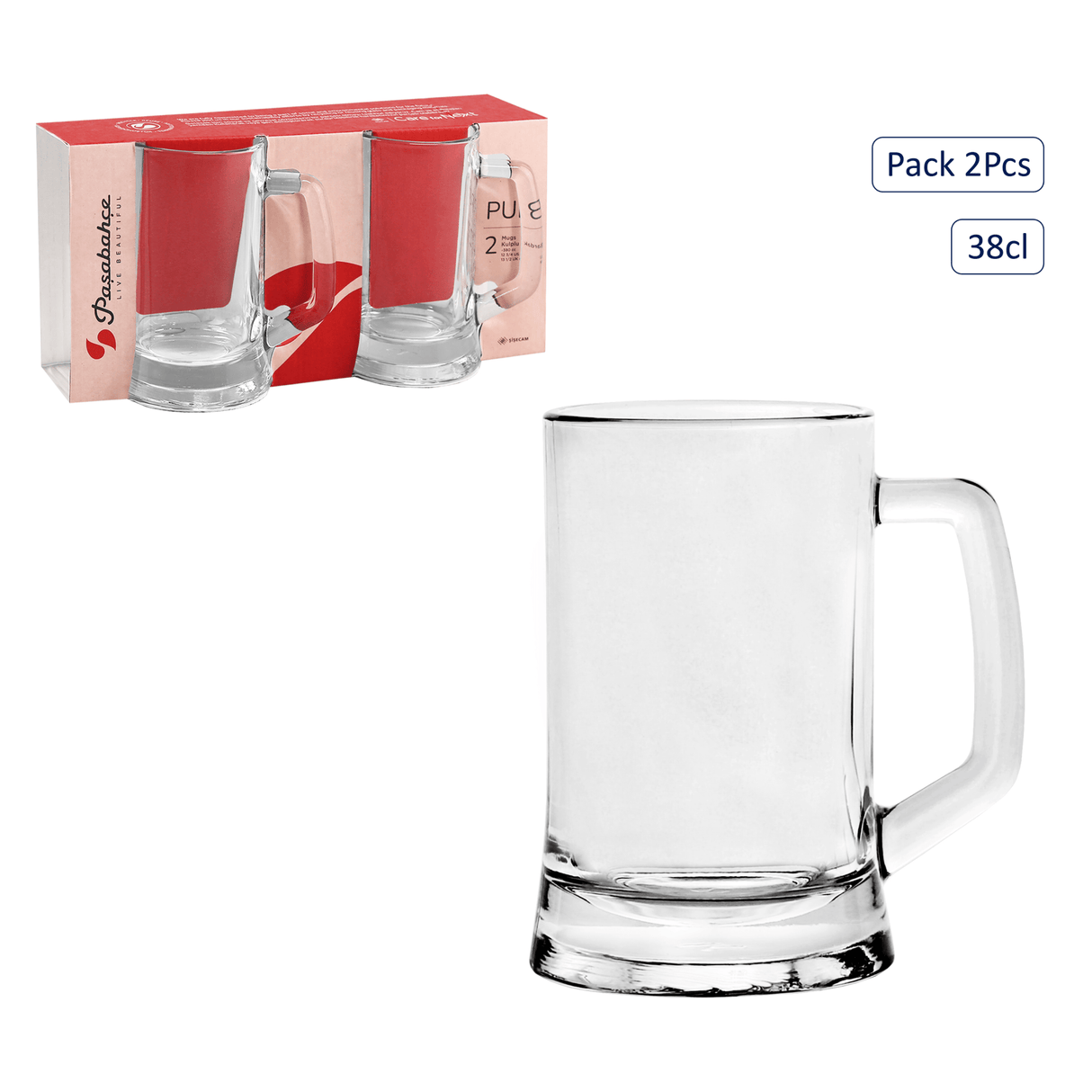 Pasabahce 2pk Glass Beer Tankards 380ml