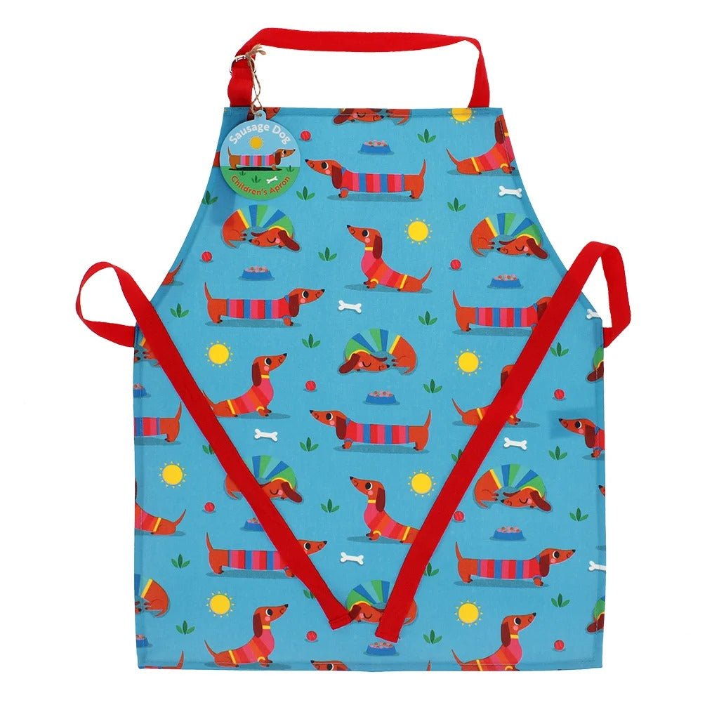 Wipeable Cotton Children's Apron – Sunny Sausage Dog Print - APRON/GLOVE/TEXTILE - Beattys of Loughrea