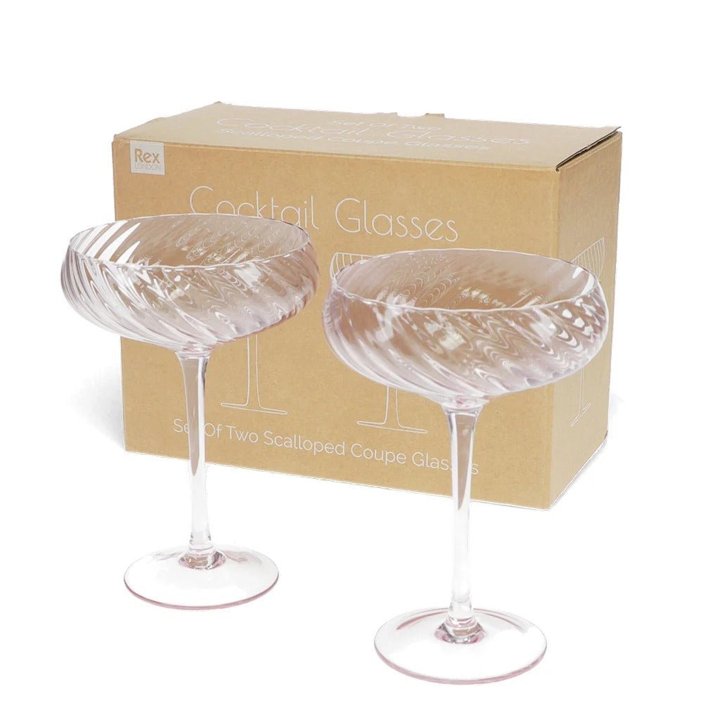 Scalloped Coupe Cocktail Glasses – Pink Tint (Set of 2, 250ml) - DRINKING GLASSES - Beattys of Loughrea