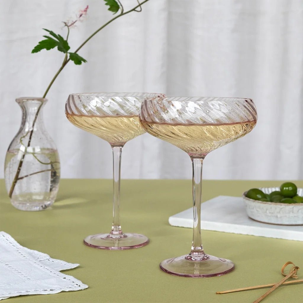 Scalloped Coupe Cocktail Glasses – Pink Tint (Set of 2, 250ml) - DRINKING GLASSES - Beattys of Loughrea