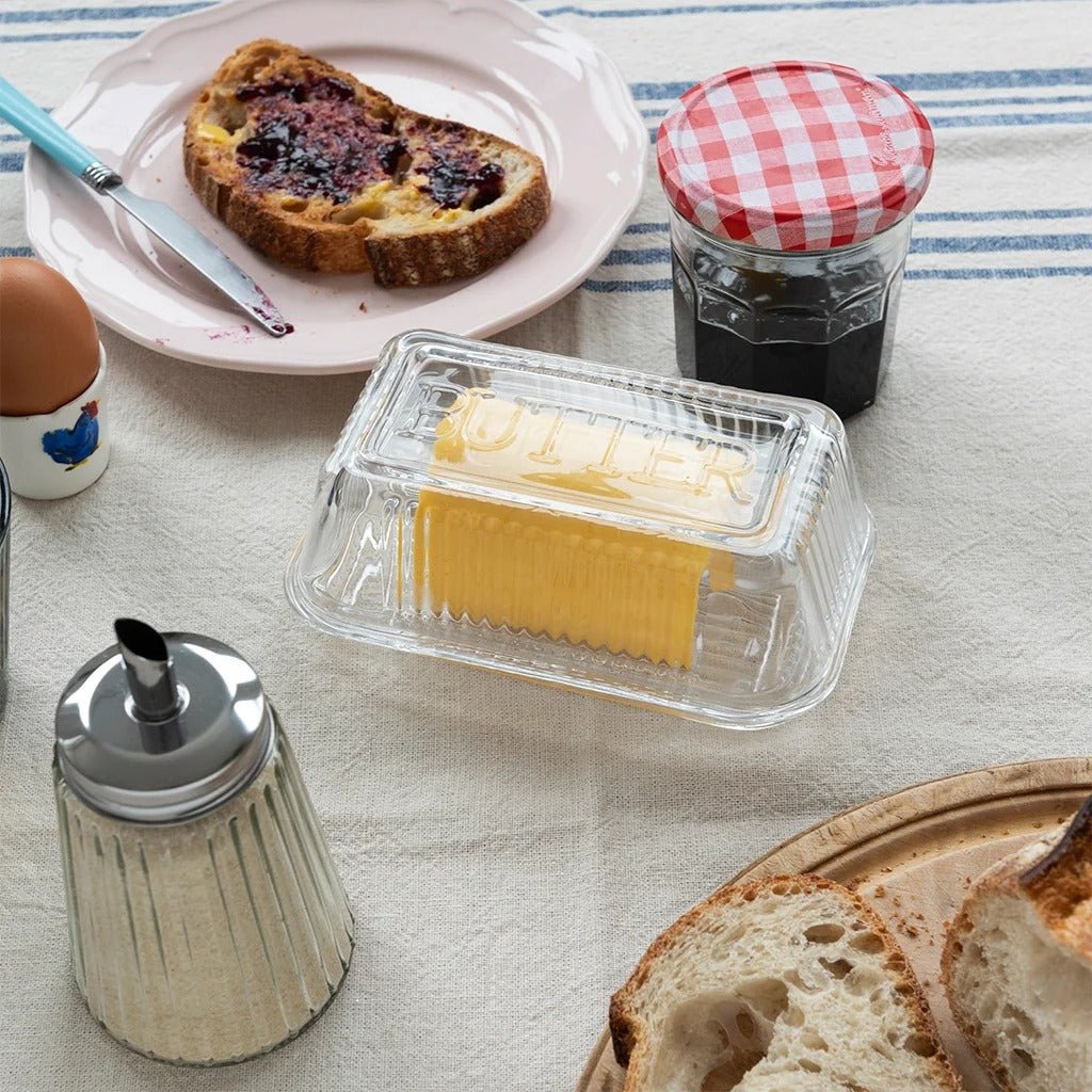 Glass Butter Dish – Retro Ribbed Design (250g Capacity) - KITCHEN HAND TOOLS - Beattys of Loughrea
