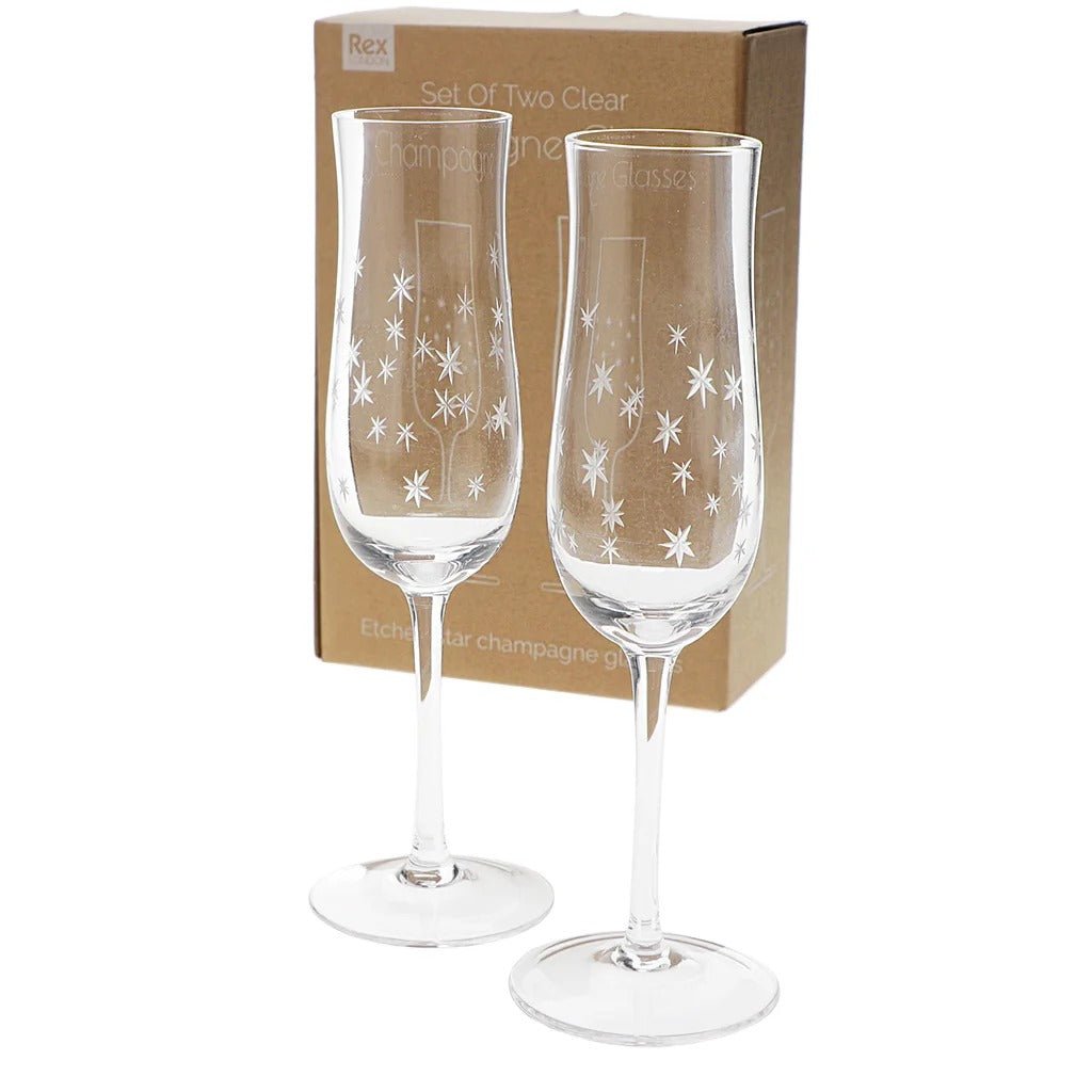 Etched Star Champagne Glasses 200ml (Set of 2) – Clear - DRINKING GLASSES - Beattys of Loughrea