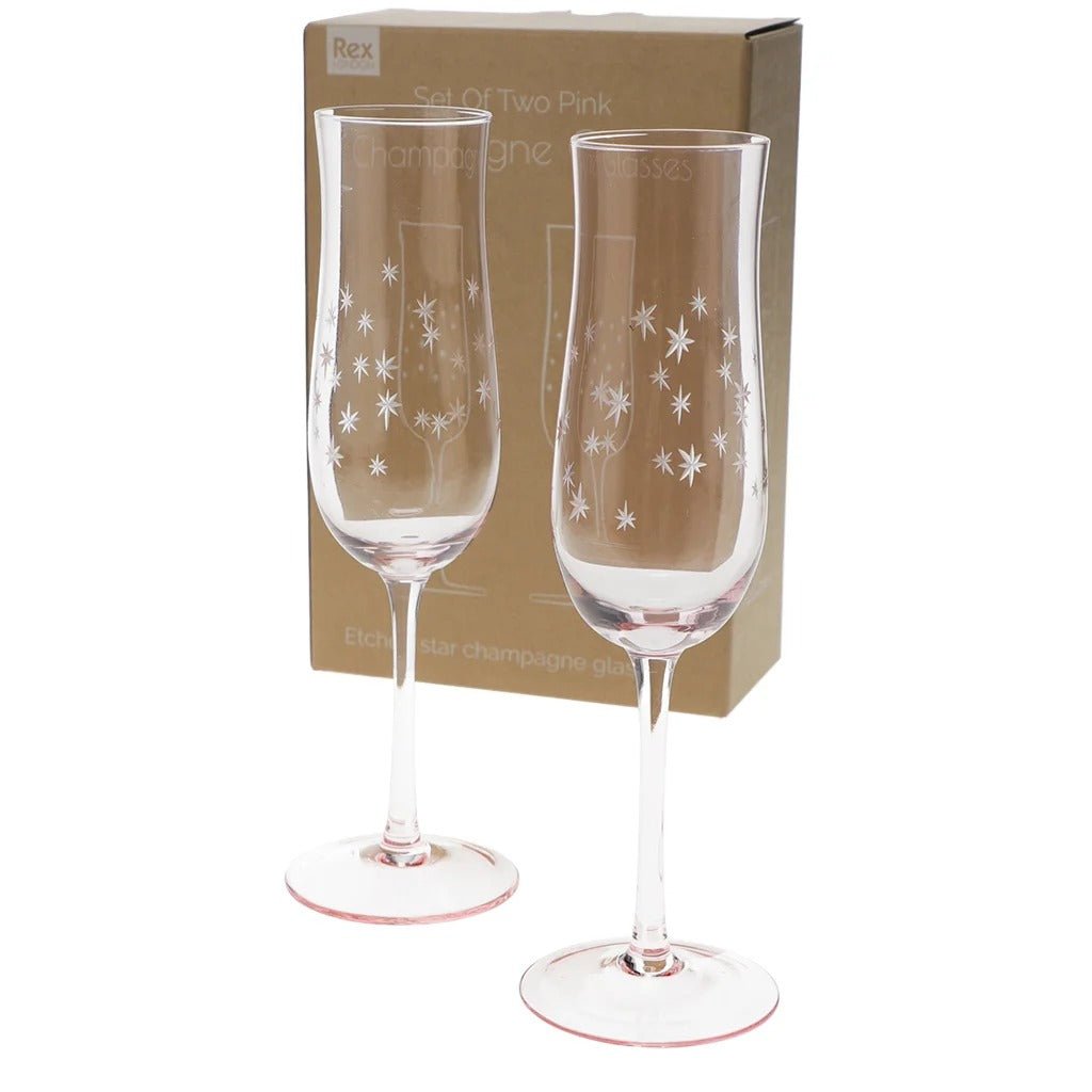 Etched Star Champagne Glasses 200ml (Set of 2) – Pink Tint - DRINKING GLASSES - Beattys of Loughrea