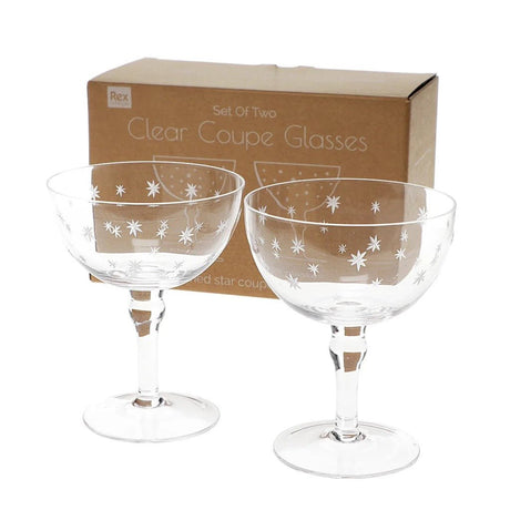 Etched Star Coupe Cocktail Glasses 200ml (Set of 2) – Clear - DRINKING GLASSES - Beattys of Loughrea