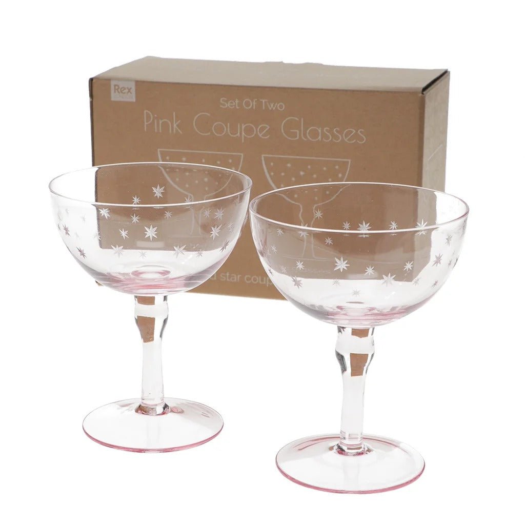 Etched Star Coupe Cocktail Glasses 200ml (Set of 2) – Pink Tint - DRINKING GLASSES - Beattys of Loughrea