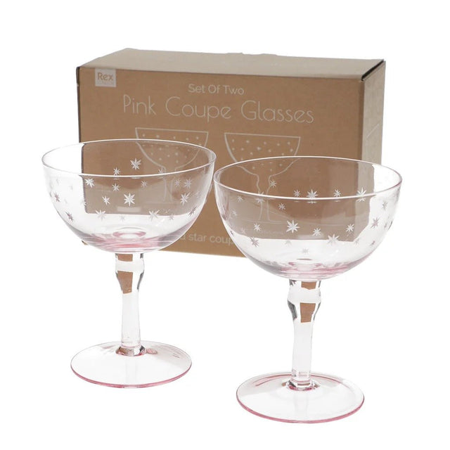 Etched Star Coupe Cocktail Glasses 200ml (Set of 2) – Pink Tint - DRINKING GLASSES - Beattys of Loughrea