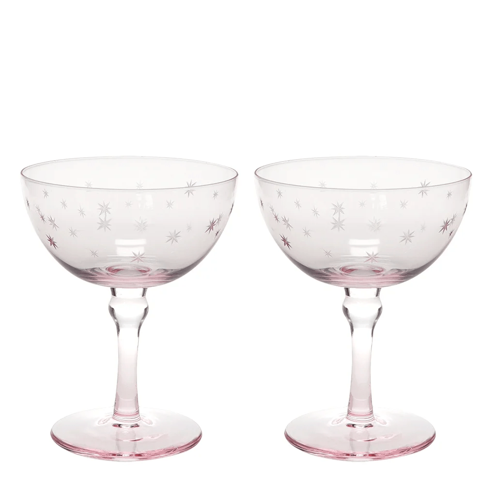 Etched Star Coupe Cocktail Glasses 200ml (Set of 2) – Pink Tint - DRINKING GLASSES - Beattys of Loughrea
