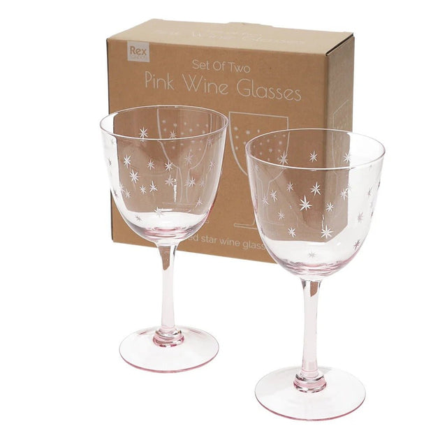 Etched Star Wine Glasses 250ml (Set of 2) – Pink Tint - DRINKING GLASSES - Beattys of Loughrea