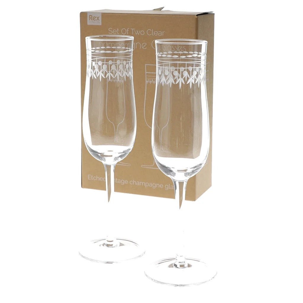 Vintage Etched Champagne Glasses 200ml (Set of 2) – Clear - DRINKING GLASSES - Beattys of Loughrea