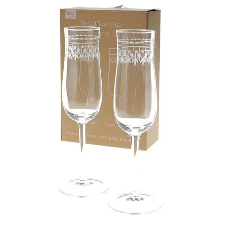 Vintage Etched Champagne Glasses 200ml (Set of 2) – Clear - DRINKING GLASSES - Beattys of Loughrea