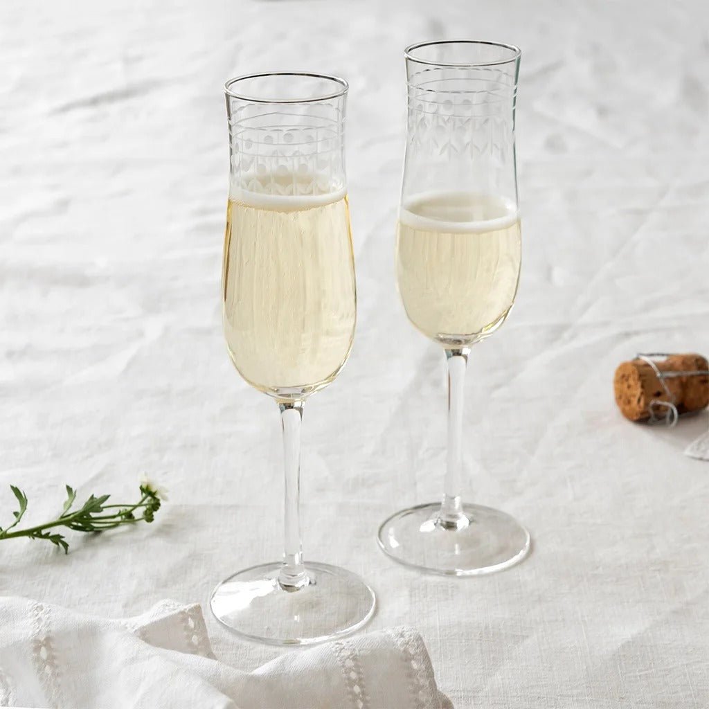 Vintage Etched Champagne Glasses 200ml (Set of 2) – Clear - DRINKING GLASSES - Beattys of Loughrea