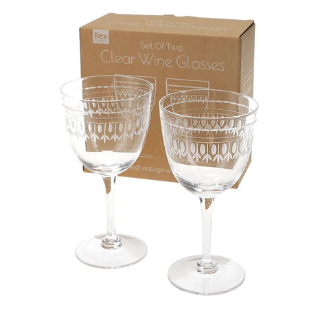 Vintage Etched Wine Glasses 250ml (Set of 2) – Clear - DRINKING GLASSES - Beattys of Loughrea