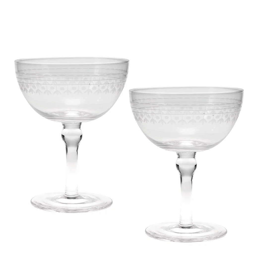 Vintage Etched Coupe Glasses 200ml (Set of 2) – Clear - DRINKING GLASSES - Beattys of Loughrea