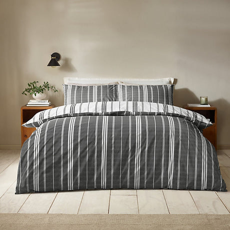 Catherine Lansfield Harbour Stripe Reversible Double Duvet Cover Set with Pillowcases Black - DUVET COVERS - Beattys of Loughrea