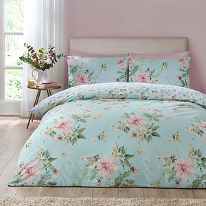 Catherine Lansfield Avebury Floral Reversible Super King Duvet Cover Set with Pillowcases Duck Egg Blue