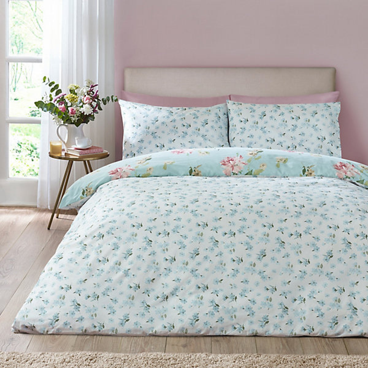 Catherine Lansfield Avebury Floral Reversible Super King Duvet Cover Set with Pillowcases Duck Egg Blue