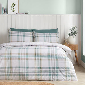 Catherine Lansfield Cartmel Check Reversible King Duvet Cover Set with Pillowcases Soft Green