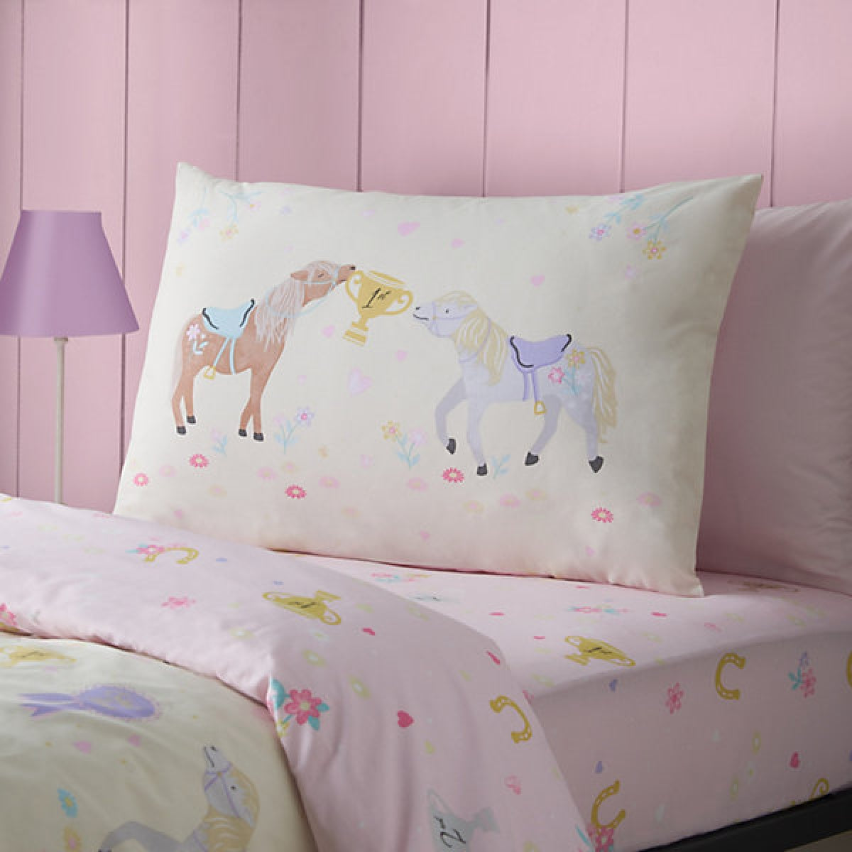 Catherine Lansfield Happy Horses Reversible Double Duvet Cover Set with Pillowcases Cream