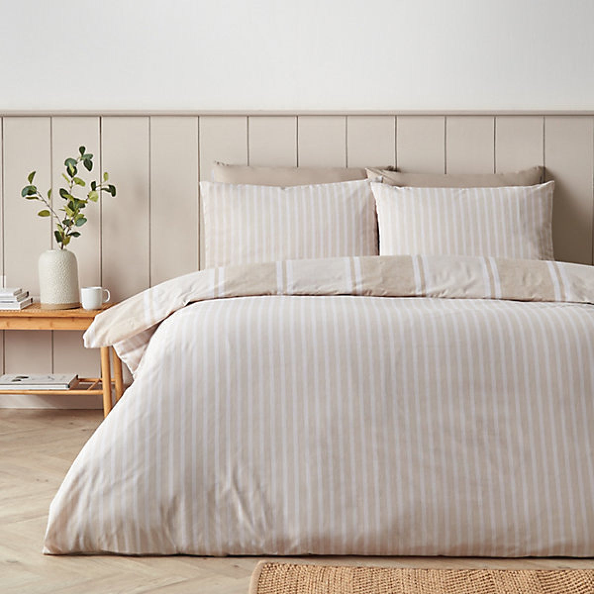 Catherine Lansfield Banded Stripe Reversible Single Duvet Cover Set with Pillowcase Natural